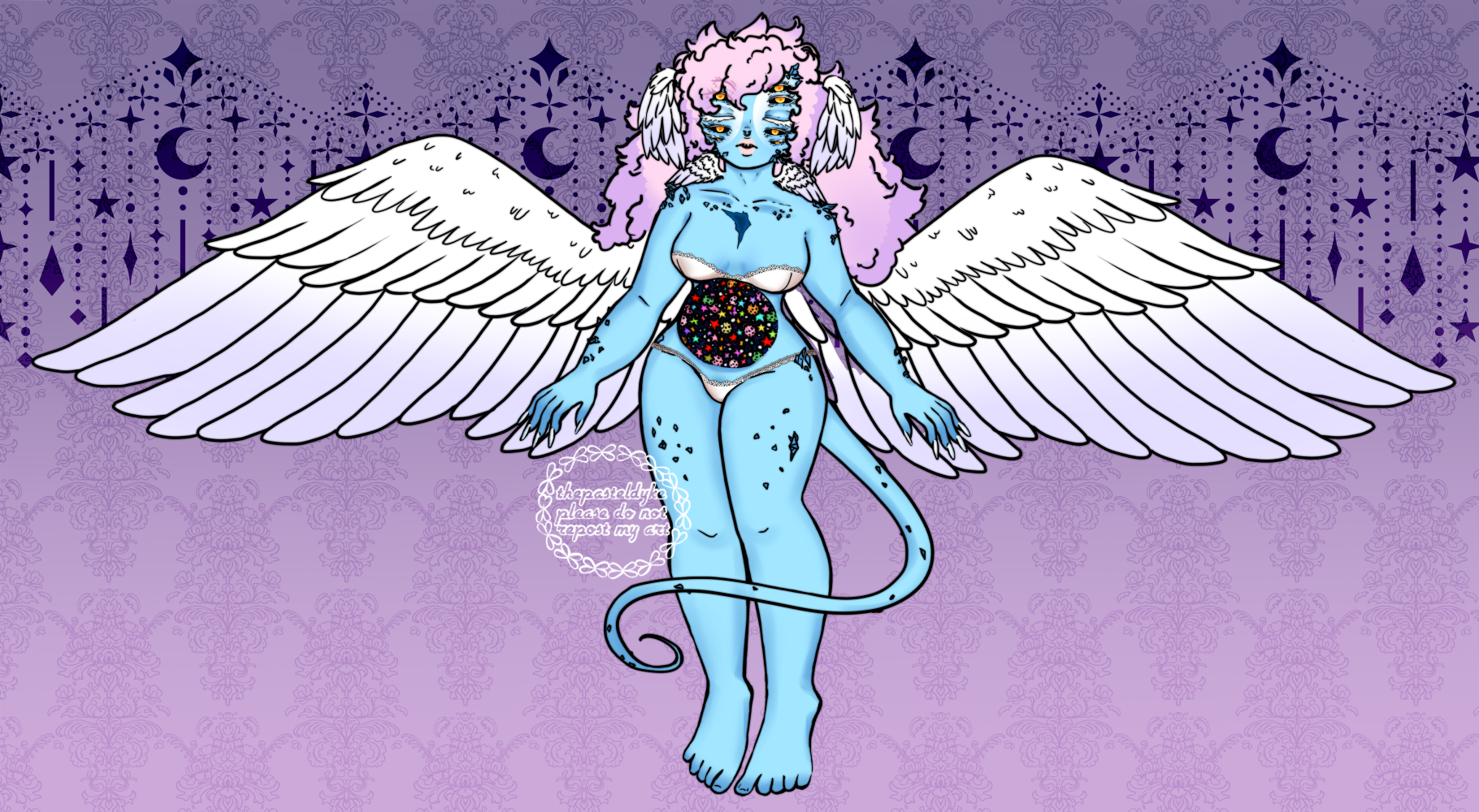Character name: Yen. Same image as the one directly above, only she is now wearing only underwear, showing a hollow dome in her stomach that shows a dark sky filled with stars in various shapes and colours. 
